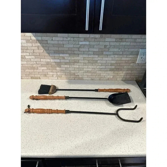 Cast Iron  3 Piece Fire Place Tool Set W/ Stand VTG - Picture 2 of 4